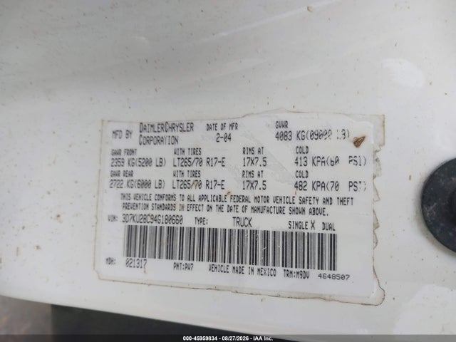 45959834 :رقم المزاد ، 3D7KU28C94G180660 vin ، 2004 Dodge Ram 2500 Slt/laramie مزاد بيع
