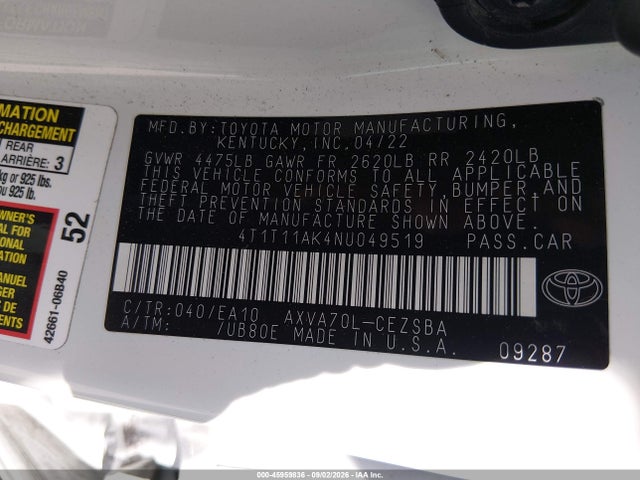 45959836 :رقم المزاد ، 4T1T11AK4NU049519 vin ، 2022 Toyota Camry Se مزاد بيع