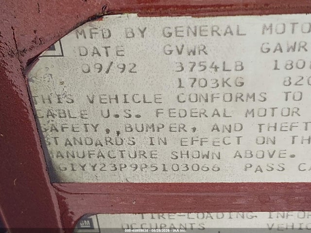 45959838 :رقم المزاد ، 1G1YY23P9P5103066 vin ، 1993 Chevrolet Corvette مزاد بيع