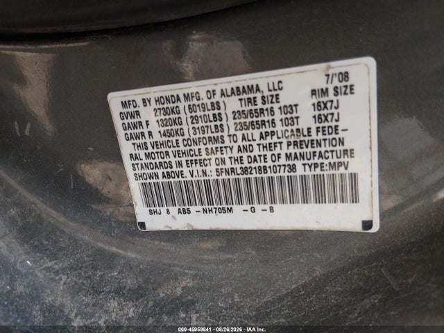 Продажа на аукционе авто 2008 Honda Odyssey Lx, vin: 5FNRL38218B107738, номер лота: 45959841
