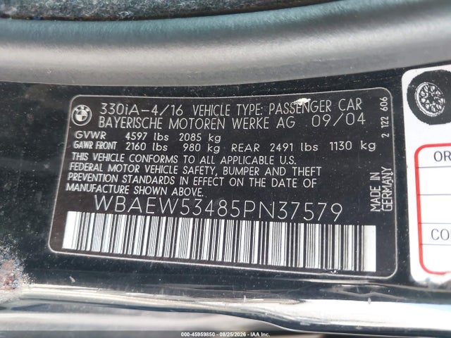 Продаж на аукціоні авто 2005 Bmw 330xi, vin: WBAEW53485PN37579, номер лоту: 45959850