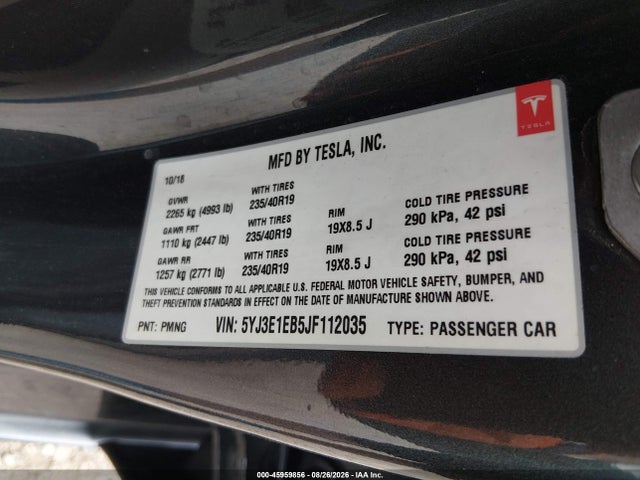 Продаж на аукціоні авто 2018 Tesla Model 3 Long Range/performance, vin: 5YJ3E1EB5JF112035, номер лоту: 45959856