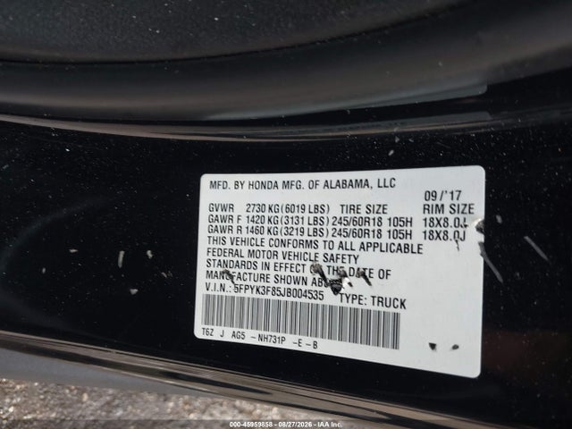 2018 Honda Ridgeline Black Edition მანქანა იყიდება აუქციონზე, vin: 5FPYK3F85JB004535, აუქციონის ნომერი: 45959858