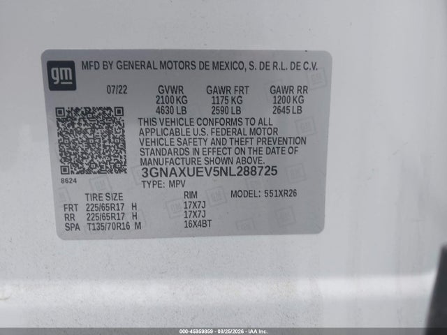 2022 Chevrolet Equinox Awd Lt მანქანა იყიდება აუქციონზე, vin: 3GNAXUEV5NL288725, აუქციონის ნომერი: 45959859