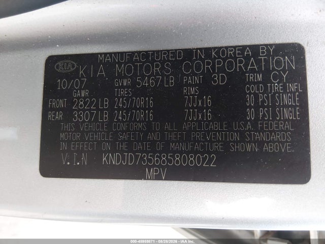Aukcja sprzedaży 2008 Kia Sorento Lx, vin: KNDJD735685808022, numer aukcji: 45959871