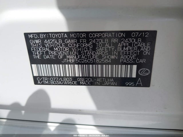 Aukcja sprzedaży 2012 Lexus Is 250, vin: JTHBF5C26C5182584, numer aukcji: 45959873