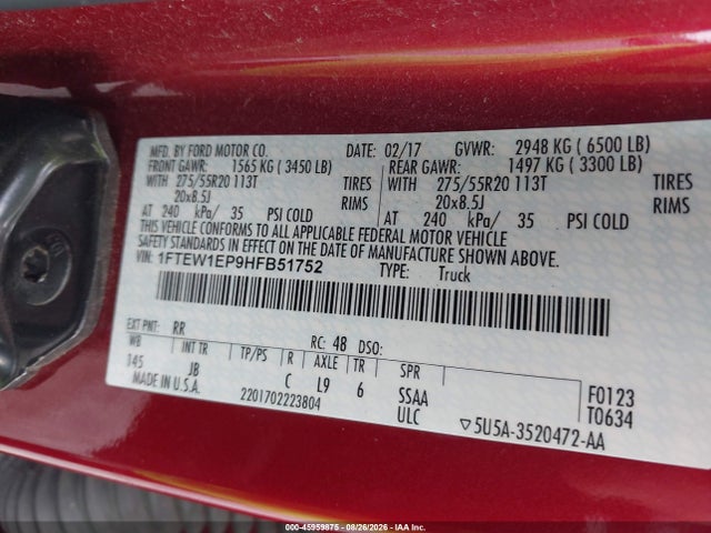 Ford F-150 Xlt 2017 1FTEW1EP9HFB51752 Image 9