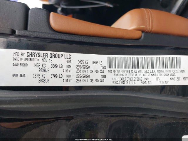 45959878 :رقم المزاد ، 1C4RJFCT8DC615168 vin ، 2013 Jeep Grand Cherokee Overland مزاد بيع