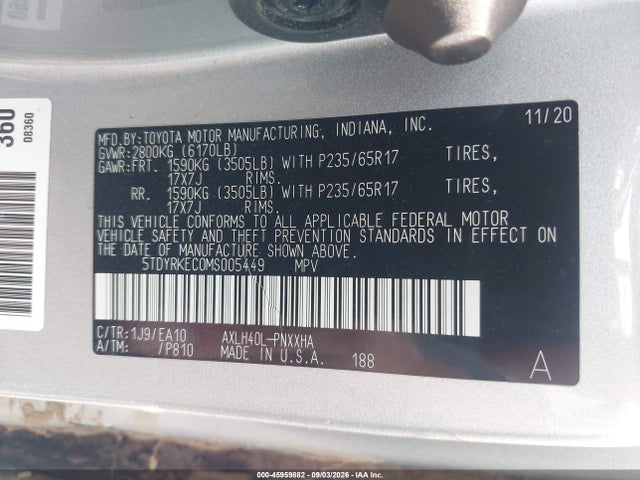 Продаж на аукціоні авто 2021 Toyota Sienna Xle, vin: 5TDYRKEC0MS005449, номер лоту: 45959882