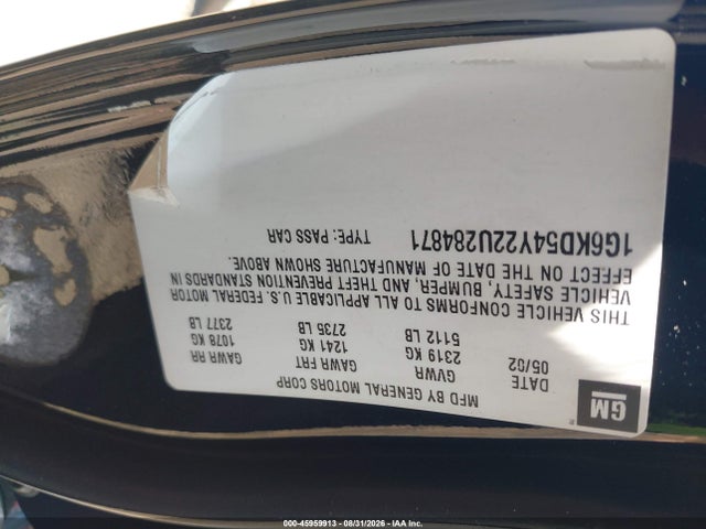 45959913 :رقم المزاد ، 1G6KD54Y22U284871 vin ، 2002 Cadillac Deville Standard مزاد بيع