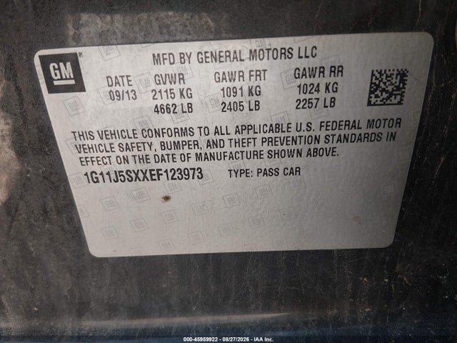 45959922 :رقم المزاد ، 1G11J5SXXEF123973 vin ، 2014 Chevrolet Malibu 2lz مزاد بيع