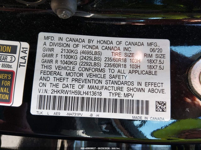 Aukcja sprzedaży 2020 Honda Cr-v 2wd Ex, vin: 2HKRW1H59LH413618, numer aukcji: 45959927