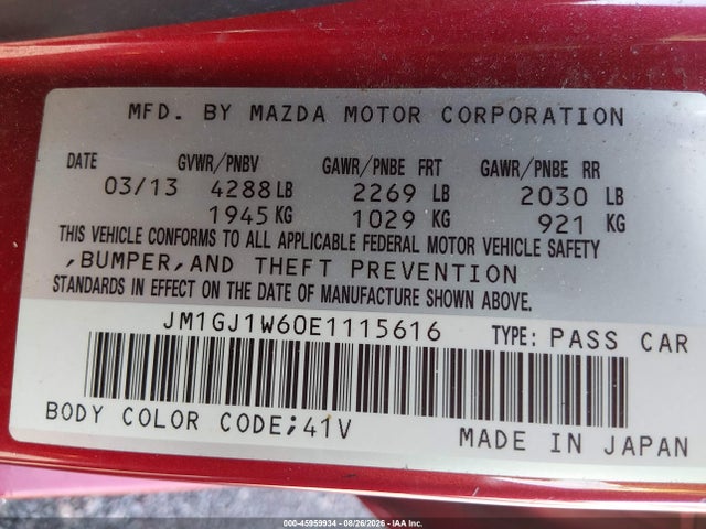 45959934 :رقم المزاد ، JM1GJ1W60E1115616 vin ، 2014 Mazda Mazda6 I Grand Touring مزاد بيع