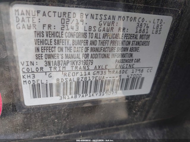 Aukcja sprzedaży 2019 Nissan Sentra S, vin: 3N1AB7AP1KY319079, numer aukcji: 45959935