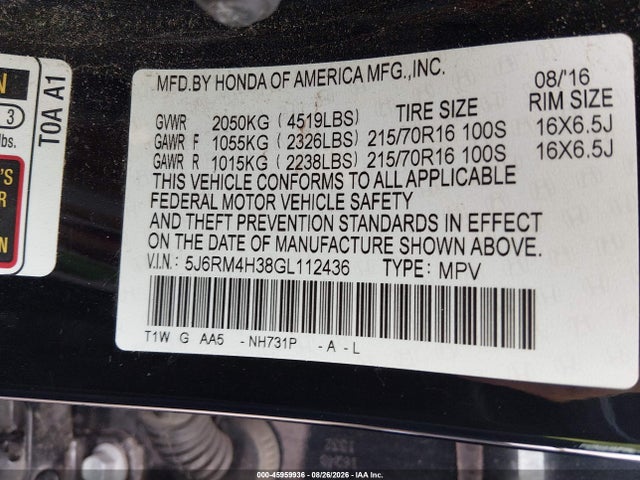 2016 Honda Cr-v Lx მანქანა იყიდება აუქციონზე, vin: 5J6RM4H38GL112436, აუქციონის ნომერი: 45959936