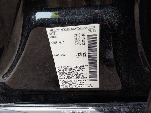 2015 Nissan Altima 2.5 S მანქანა იყიდება აუქციონზე, vin: 1N4AL3AP8FC580717, აუქციონის ნომერი: 45959944