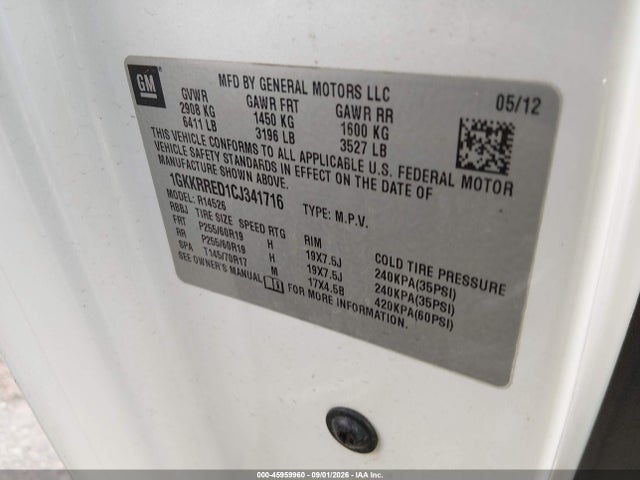Aukcja sprzedaży 2012 Gmc Acadia Slt-1, vin: 1GKKRRED1CJ341716, numer aukcji: 45959960