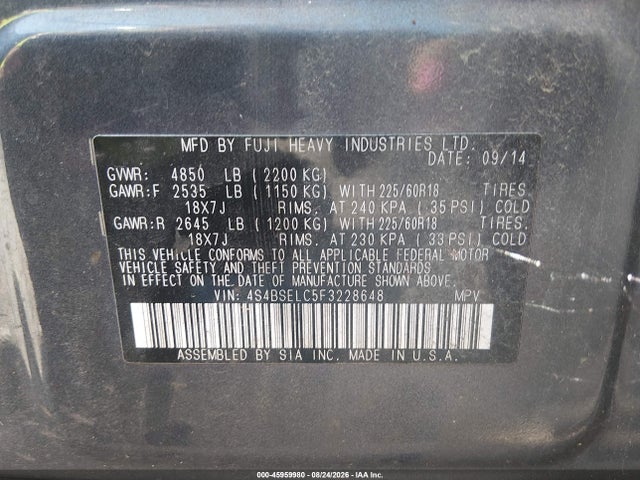 Aukcja sprzedaży 2015 Subaru Outback 3.6r Limited, vin: 4S4BSELC5F3228648, numer aukcji: 45959980