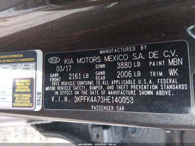 Продажа на аукционе авто 2017 Kia Forte Lx, vin: 3KPFK4A73HE140053, номер лота: 45959981