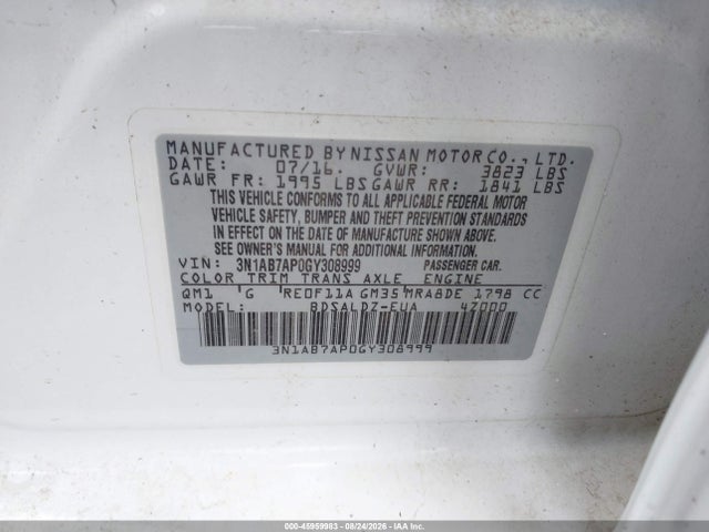 Продажа на аукционе авто 2016 Nissan Sentra Sv, vin: 3N1AB7AP0GY308999, номер лота: 45959983