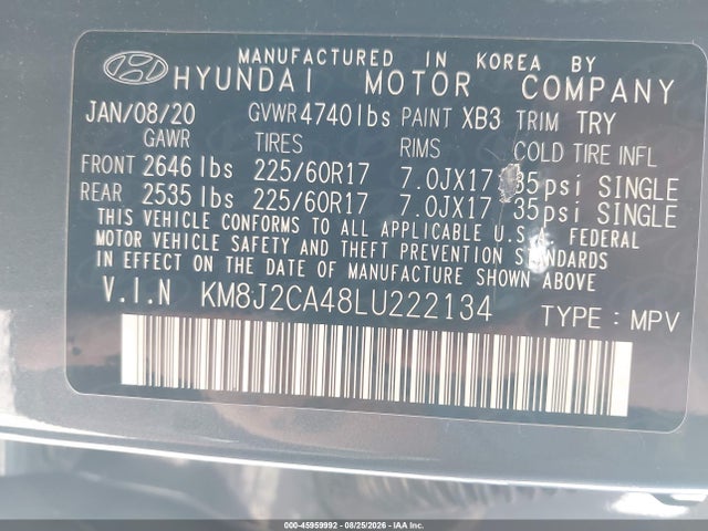 Aukcja sprzedaży 2020 Hyundai Tucson Se, vin: KM8J2CA48LU222134, numer aukcji: 45959992