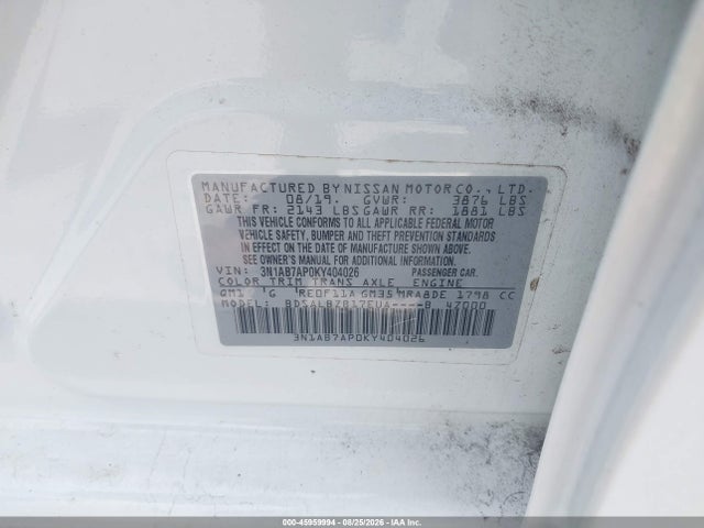 Продаж на аукціоні авто 2019 Nissan Sentra S, vin: 3N1AB7AP0KY404026, номер лоту: 45959994