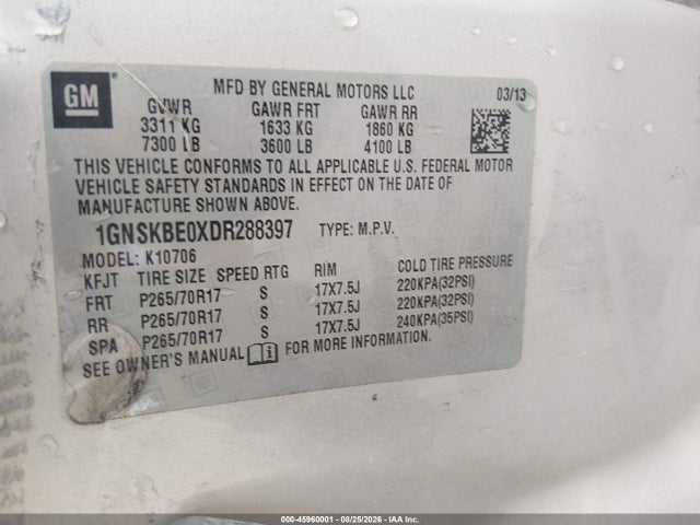 2013 Chevrolet Tahoe Lt მანქანა იყიდება აუქციონზე, vin: 1GNSKBE0XDR288397, აუქციონის ნომერი: 45960001