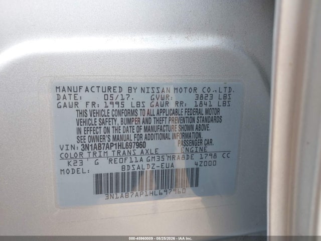 Продаж на аукціоні авто 2017 Nissan Sentra Sv, vin: 3N1AB7AP1HL697960, номер лоту: 45960009