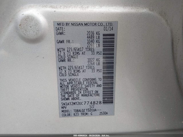 Продаж на аукціоні авто 2014 Nissan Rogue Sv, vin: 5N1AT2MT2EC774828, номер лоту: 45960024