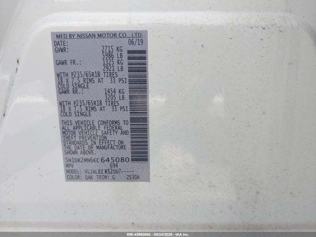 45960060 :رقم المزاد ، 5N1DR2MN6KC645080 vin ، 2019 Nissan Pathfinder S مزاد بيع