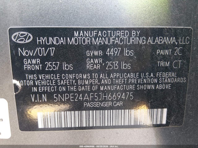 45960066 :رقم المزاد ، 5NPE24AF5JH669475 vin ، 2018 Hyundai Sonata Se مزاد بيع