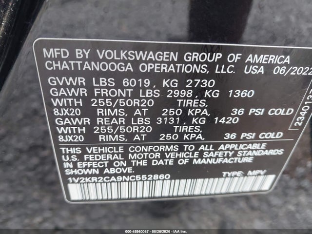 Aukcja sprzedaży 2022 Volkswagen Atlas 3.6l V6 Se W/technology, vin: 1V2KR2CA9NC552860, numer aukcji: 45960067