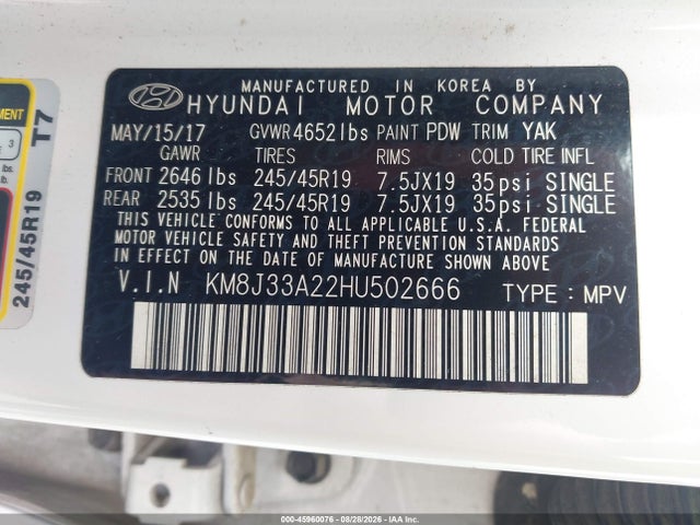 45960076 :رقم المزاد ، KM8J33A22HU502666 vin ، 2017 Hyundai Tucson Limited مزاد بيع