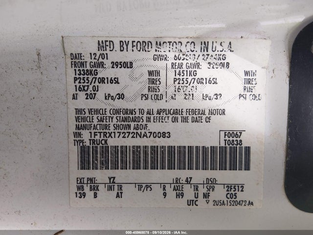 Продаж на аукціоні авто 2002 Ford F150, vin: 1FTRX17272NA70083, номер лоту: 45960078