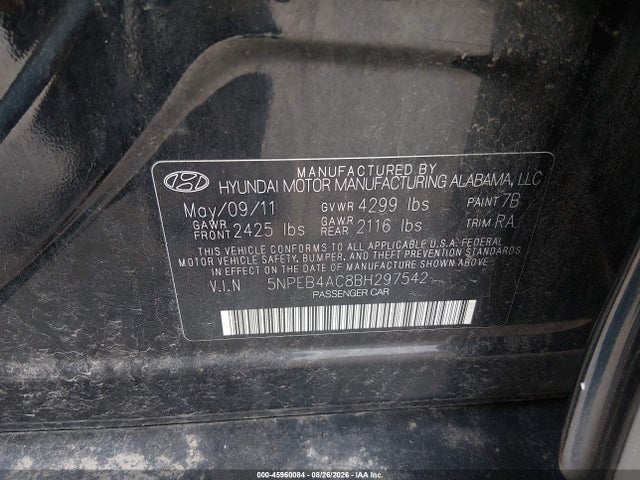 2011 Hyundai Sonata Gls მანქანა იყიდება აუქციონზე, vin: 5NPEB4AC8BH297542, აუქციონის ნომერი: 45960084
