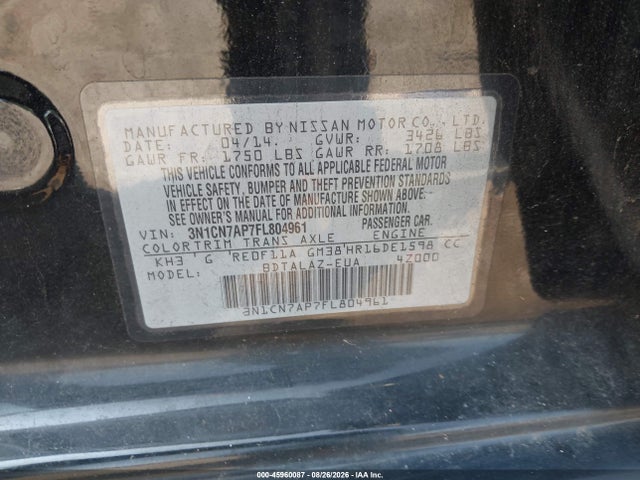 Aukcja sprzedaży 2015 Nissan Versa 1.6 S+, vin: 3N1CN7AP7FL804961, numer aukcji: 45960087