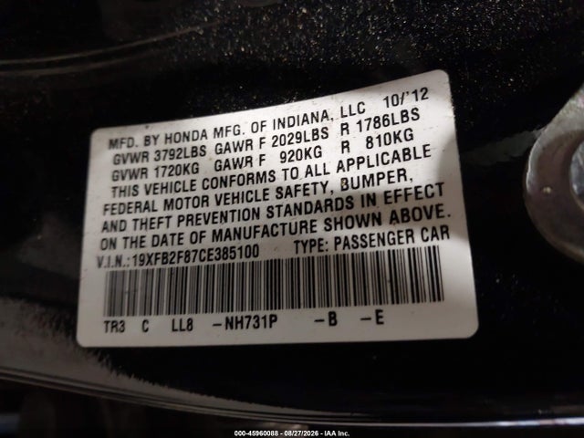 45960088 :رقم المزاد ، 19XFB2F87CE385100 vin ، 2012 Honda Civic Ex مزاد بيع