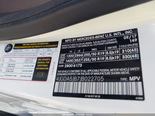 45960089 :رقم المزاد ، 4JGDA5JB7JB022705 vin ، 2018 Mercedes-benz Gle 350 مزاد بيع