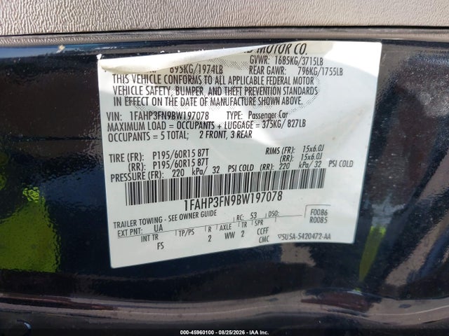 Продажа на аукционе авто 2011 Ford Focus Se, vin: 1FAHP3FN9BW197078, номер лота: 45960100