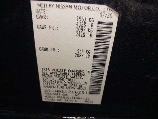 Продаж на аукціоні авто 2020 Nissan Altima S Fwd, vin: 1N4BL4BV3LC266251, номер лоту: 45960109