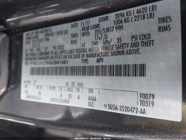 Продаж на аукціоні авто 2016 Ford Escape Se, vin: 1FMCU0G76GUB81981, номер лоту: 45960127