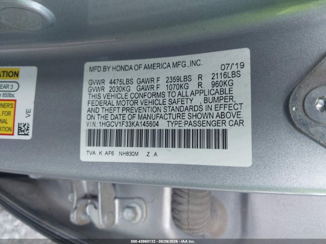 Продаж на аукціоні авто 2019 Honda Accord Sport, vin: 1HGCV1F33KA145604, номер лоту: 45960132