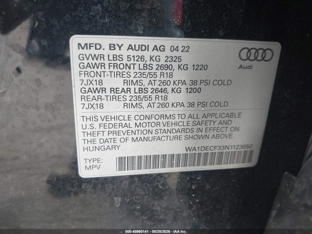Aukcja sprzedaży 2022 Audi Q3 Premium 45 Tfsi S Line Quattro Tiptronic, vin: WA1DECF33N1123650, numer aukcji: 45960141