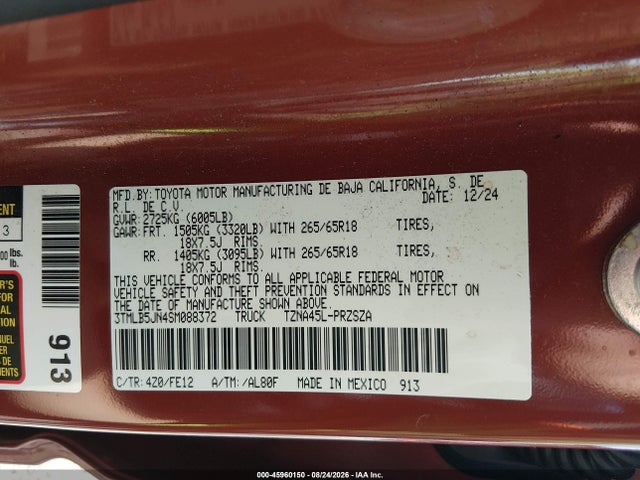 2025 Toyota Tacoma Trd Sport მანქანა იყიდება აუქციონზე, vin: 3TMLB5JN4SM088372, აუქციონის ნომერი: 45960150