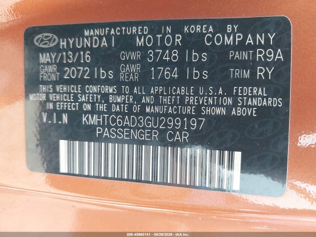 Продаж на аукціоні авто 2016 Hyundai Veloster, vin: KMHTC6AD3GU299197, номер лоту: 45960151