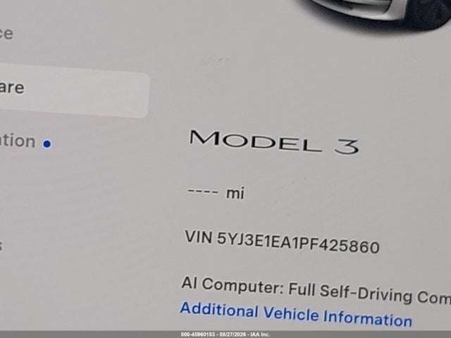 45960153 :رقم المزاد ، 5YJ3E1EA1PF425860 vin ، 2023 Tesla Model 3 Rear-wheel Drive مزاد بيع