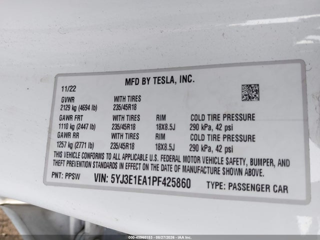 45960153 :رقم المزاد ، 5YJ3E1EA1PF425860 vin ، 2023 Tesla Model 3 Rear-wheel Drive مزاد بيع