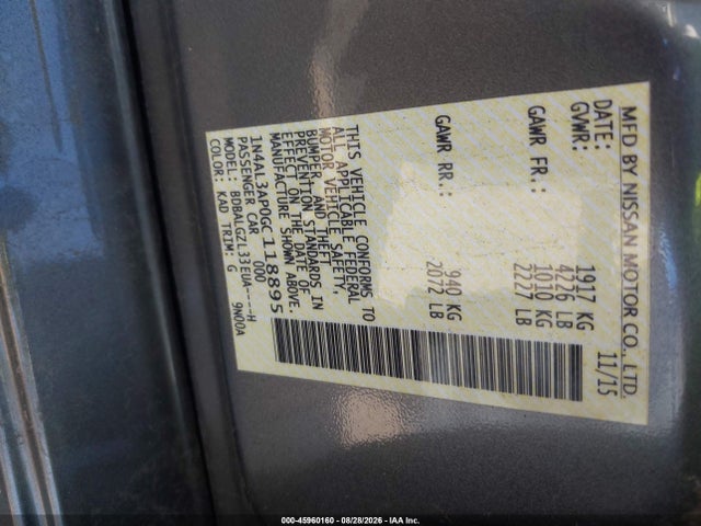 Aukcja sprzedaży 2016 Nissan Altima 2.5 S, vin: 1N4AL3AP0GC118895, numer aukcji: 45960160