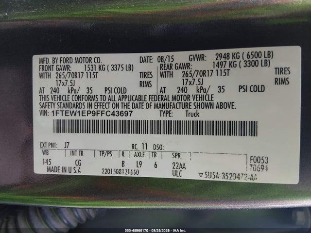 45960170 :رقم المزاد ، 1FTEW1EP9FFC43697 vin ، 2015 Ford F-150 Xl مزاد بيع