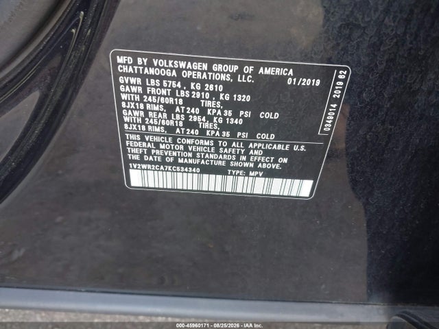2019 Volkswagen Atlas 3.6l V6 Se W/technology მანქანა იყიდება აუქციონზე, vin: 1V2WR2CA7KC534340, აუქციონის ნომერი: 45960171